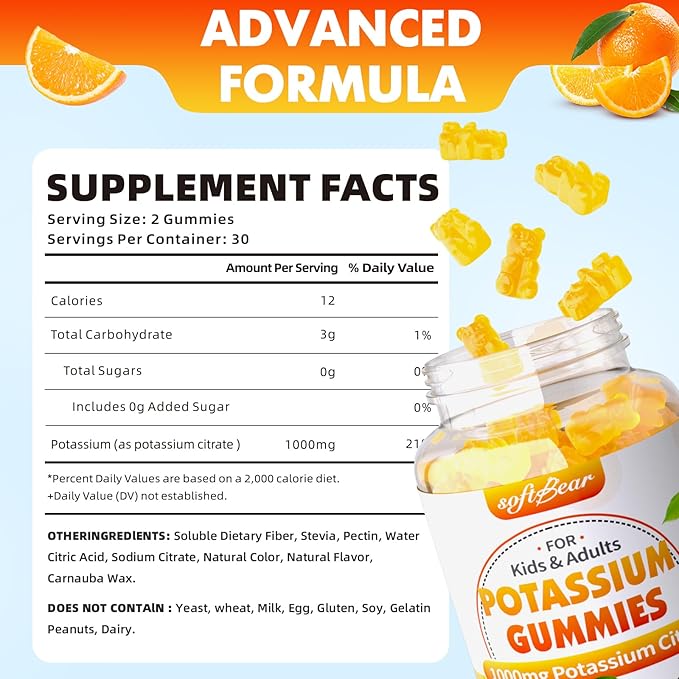 softbear Potassium Citrate 1000mg, Sugar Free Potassium Gummies for Adults Support Leg Cramps & Muscle Health High Potency Potassium Supplement Gummies Orange Flavor 60 Count