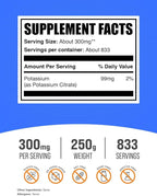 BulkSupplements.com Potassium Citrate Powder - for Hydration Support, Mineral Supplement, Potassium 99mg - Gluten Free, 300mg per Serving, 250g (8.8 oz) (Pack of 1)