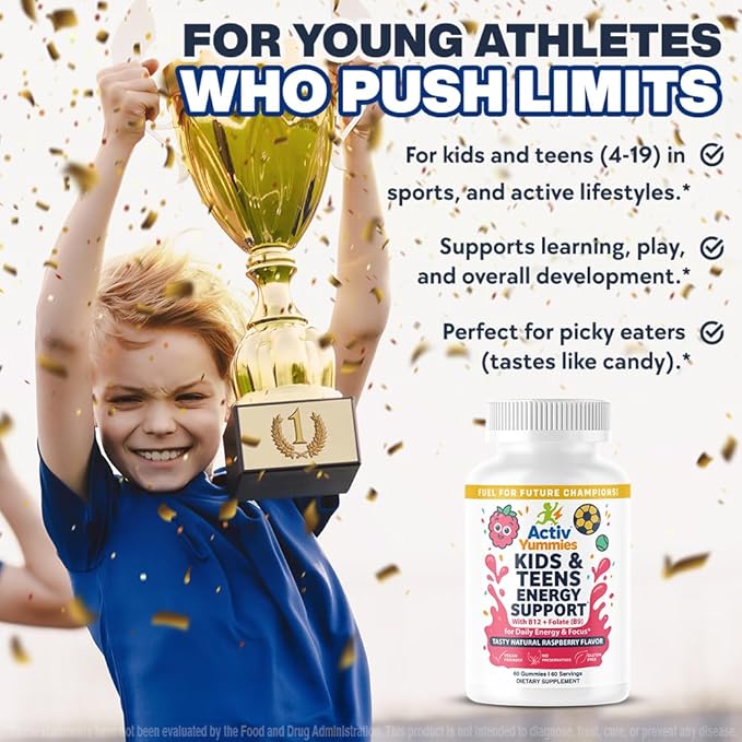 Kids & Teens Energy Support with Vitamin B12 + Folate (B9) - Supports Energy Production, Brain Function & Metabolism - Gluten Free - Raspberry Flavor - Soft Chew 60 Gummies (60 Servings)