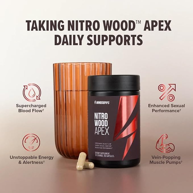 InnoSupps Nitro Wood Apex – Focus & Blood Flow Booster for Men – Supports Blood Flow, Circulation, Male Performance, Muscle Growth & Recovery – Stamina & Endurance Support – 60 Veg Capsules
