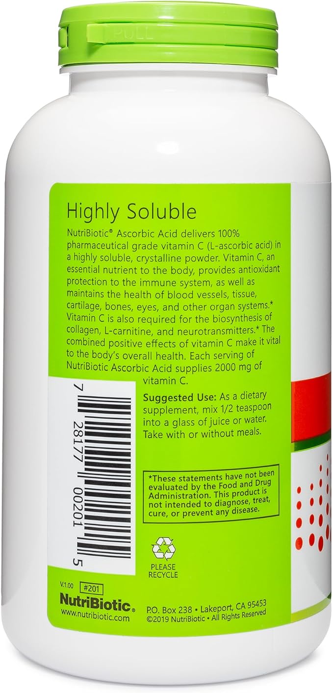 NutriBiotic Ascorbic Acid Vitamin C Powder, 16 Oz | Pharmaceutical Grade L-Ascorbic Acid, 2000 Mg Per Serving | Essential Immune & Antioxidant Collagen Support Supplement | Vegan, Gluten & GMO Free