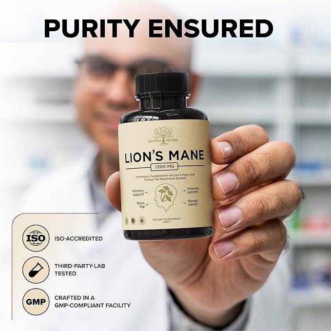 Lion's Mane Supplement Capsules with Turkey Tail for Memory & Focus – 10:1 Mushroom Extract, Brain Fog Support, 1200mg, Third Party Tested, Non-GMO, Vegan, Made in USA, 120 Capsules, 2 Month Supply