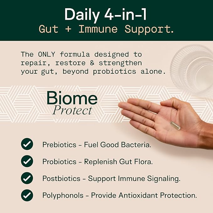 Adapt Naturals 4-in-1 Biome Protect Prebiotics, Probiotics Supplement Postbiotics & Polyphenols for Microbiome, Gut Health & Defense for Women & Men, 30 Day Supply