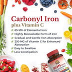 Vitalitown Iron Supplement for Women Men, High Potency 65mg Iron with Vitamin C 250mg, Less Constipating, Better for Blood Building & Energy Improvement, No Gluten, Non-GMO,120 Vegan Iron Pills