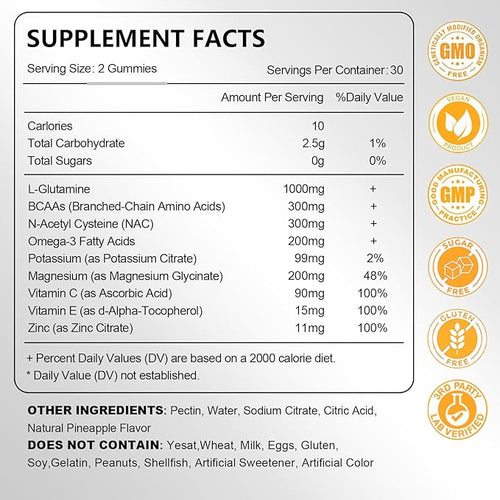 2 Pack L-Glutamine Gummies 1000mg, Glutamine Supplement for Women & Men, with BCAAs, Magnesium & NAC, Support Gut, Muscle Health & Immunity, Vegan, Non-GMO, Gluten Free, Keto Friendly, 120 Count