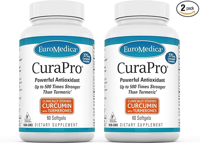 EuroMedica CuraPro 375 mg - Liver, Heart & Brain Health Support - Turmeric Essential Oil for Immune System & Antioxidant Support - Up to 500x Stronger than Turmeric - Non-GMO - 60 Softgels (Pack of 2)