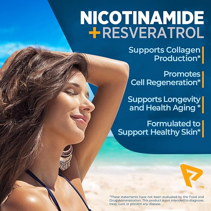 Nicotinamide 500 mg with Resveratrol 100 mg 120 Veggie Capsules - Non-GMO Vitamin B3, Supports Metabolic Health, NAD+, Skin Cell & Mitochondrial Energy Production. Made in USA for Men and Women