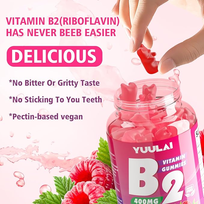 Vitamin B2 Gummies 400mg | Riboflavin Supplement with Magnesium for Kids & Adults, B2 Gummies for Migraine Relief, Nervous System & Skin Health, Vegan, Sugar-Free, Raspberry Flavor, 60 Count