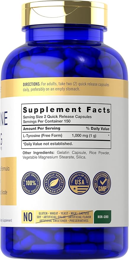 Carlyle L Tyrosine Capsules 1000mg | 300 Count | Therapeutic Grade | for Men and Women | Non-GMO & Gluten Free Supplement