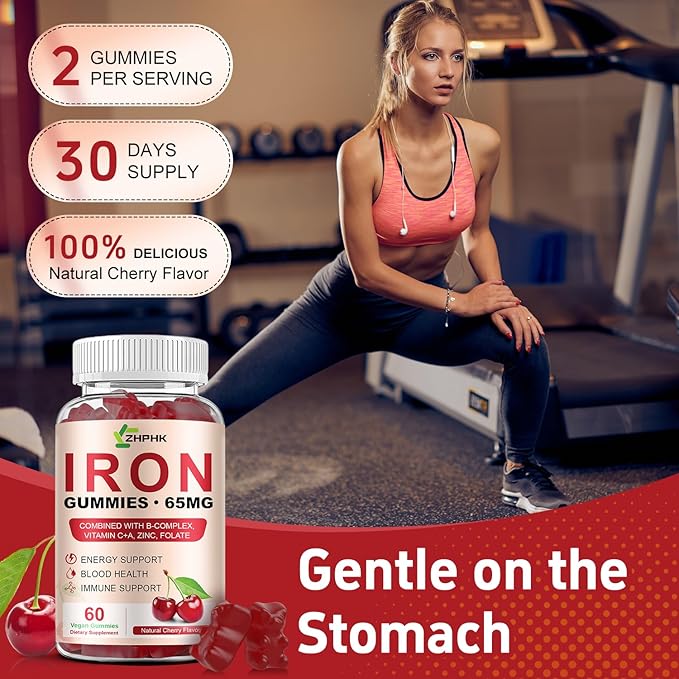 Iron Gummies Supplement for Women, Men & Kids, Iron 65mg with 250mg Vitamin C B6 B12 Folate Healthy Blood, Energy & Immune Support Gentle on Stomach Ferrous Fumarate, 120 Count