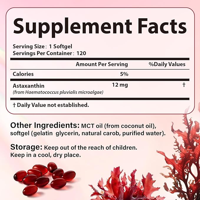 Astaxanthin 12mg, Premium Astaxanthin Antioxidant Supplements, Supports Eye, Skin, Immune, Internal Circulation, Fresh Microalgae Source, Triple Strength, Non-GMO, 4 Month Supply, 120 Softgels