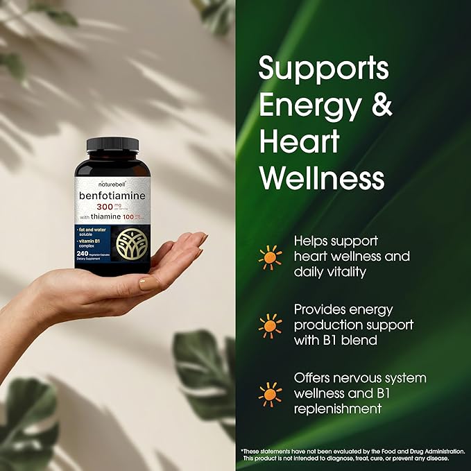 NatureBell Benfotiamine with Thiamine - 240 Vegetarian Capsules - 300mg Benfotiamine & 100mg Thiamine - for Heart Health, Energy Production & Nervous System Support* - Vitamin B1 Complex