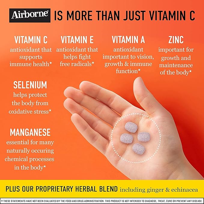 Airborne 1000mg Vitamin C + Zinc Immune Support Supplement Chewable Tablets, Very Berry & Citrus Flavor with Powerful Antioxidants Vitamins A C & E, 116 Chewable Tablets (Very Berry + Citrus)