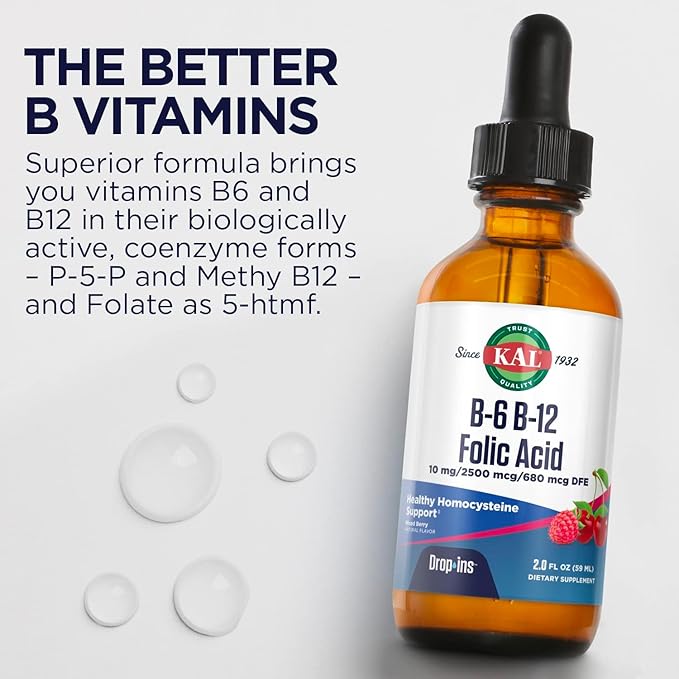KAL Vitamin B-6 B-12 Folic Acid DropIns, Liquid Vitamin B Supplement Drops, Heart Health, Energy, Red Blood Cell Support with Methyl B12 and Methyl Folate, Natural Mixed Berry Flavor, 59 Servings, 2oz