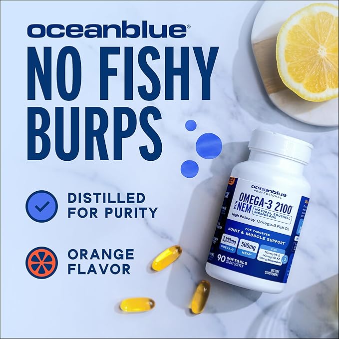 Oceanblue Omega-3 2100mg Fish Oil Supplement with 500mg Natural Eggshell Membrane NEM, Magnesium, Vitamins K2 & D | Triple-Strength, High-Potency | Support Joint Comfort & Muscle Recovery