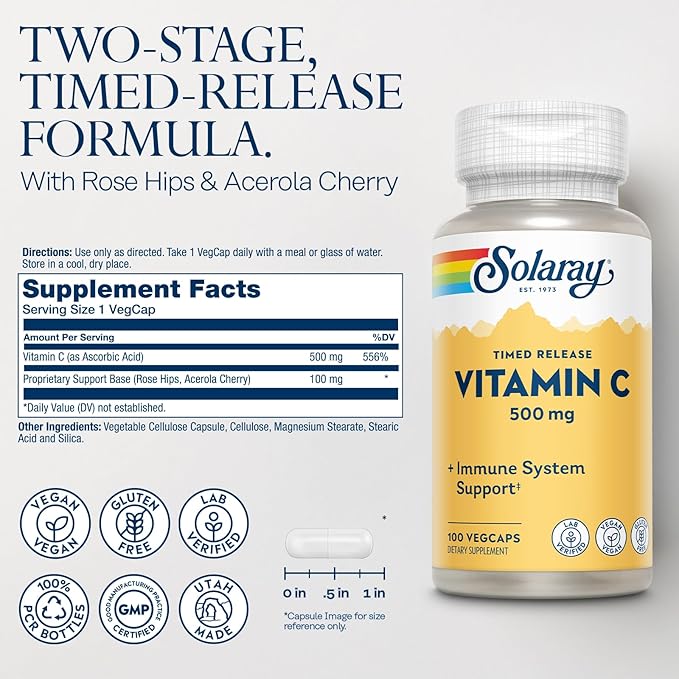 SOLARAY Vitamin C 500mg, Two-Stage Timed Release - Antioxidant and Immune Support Supplement - Vitamin C with Rose Hips and Acerola, Vegan, Gluten Free, 60-Day Guarantee, 100 Servings, 100 VegCaps