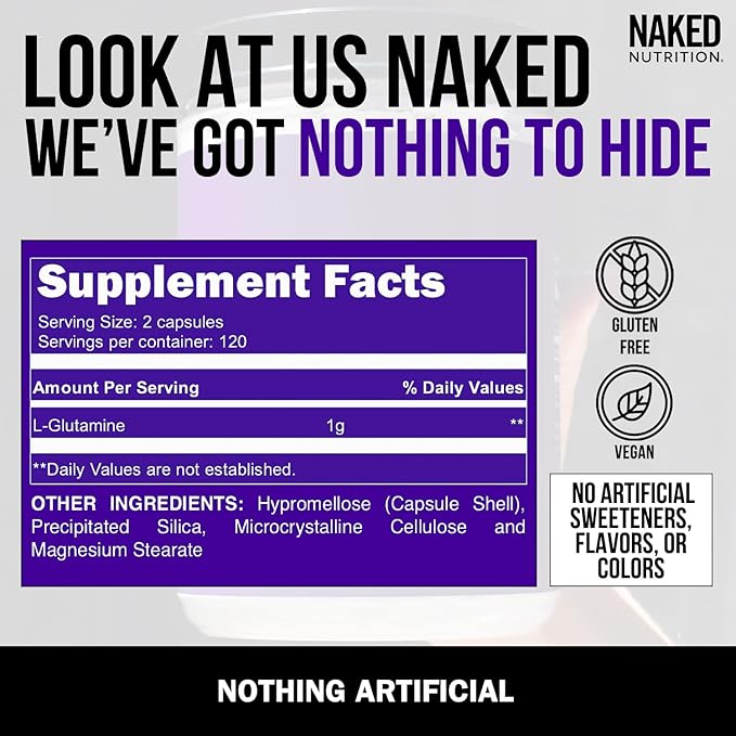 NAKED L-Glutamine Muscle Recovery Capsules, 1000mg, 240 Count, Made in The USA, Non-GMO, Gluten and Soy Free