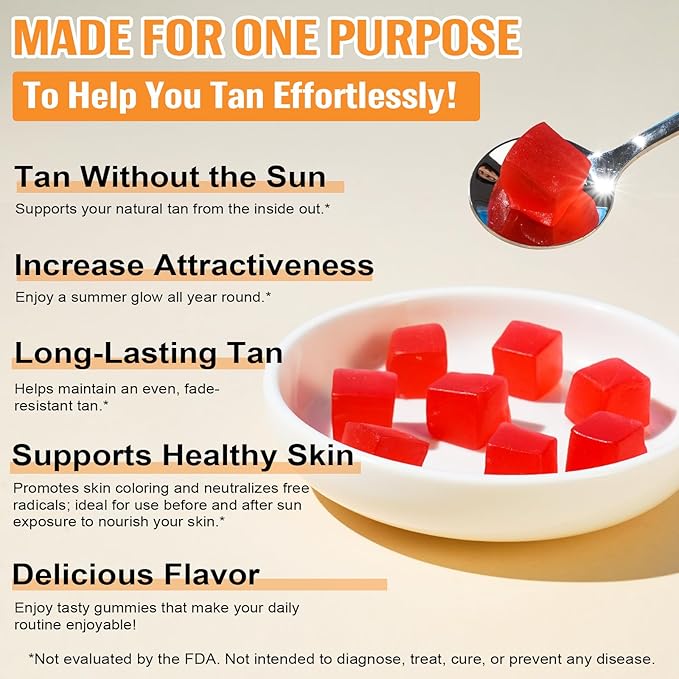 Daily Tanning Gummies - Enhance Natural Tan, Nourish & Protect Skin - with L-Tyrosine & Beta-Carotene - Sun-Free Glow - Watermelon Flavor, 60 Count