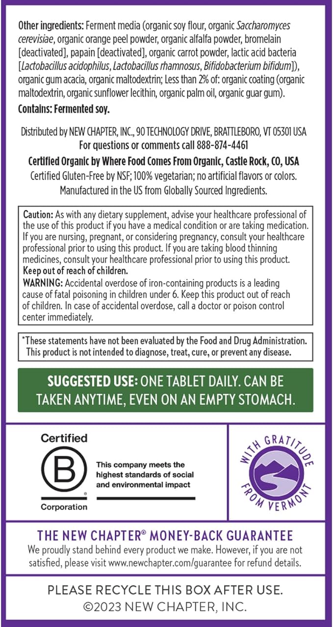 New Chapter Women’s Multivitamin, Iron, B6, B12, Biotin for Hair Growth, D3, Vit C, Zinc for Immune & Stress Support, Gentle on an Empty Stomach, One Daily, Non-GMO, Gluten-Free, 18+, 96 Tablets