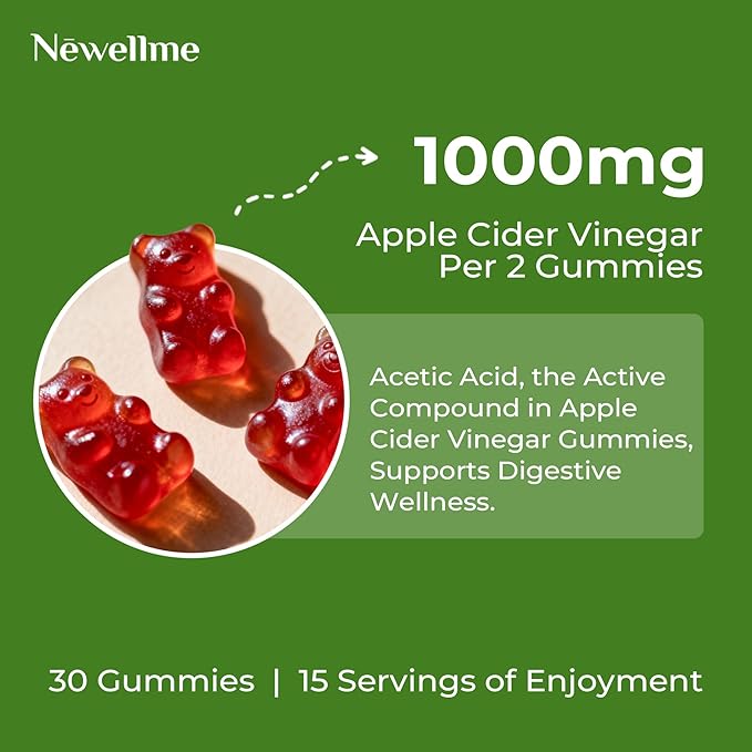 NEWELLME Sugar-Free Apple Cider Vinegar Gummies for Metabolism - 1000mg ACV with The Mother & Vitamin B12 for Energy Support - Vegan, Gluten-Free, 30 Counts