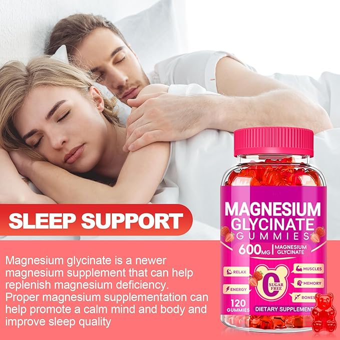 Magnesium Glycinate Gummies 600mg, Chewable Sugar Free Potassium Magnesium Gummies with Magnesium Glycinate, Vitamin D, B6, and CoQ10 for Zzz, Relaxation, Brain and Muscle, 60 Days Supply