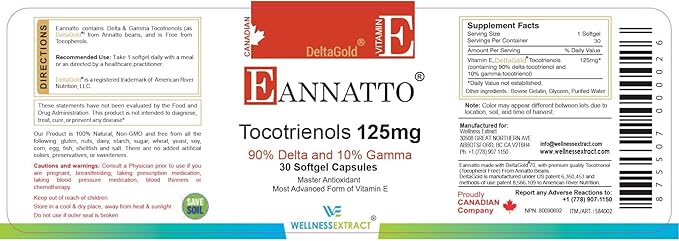 WELLNESS EXTRACT Eannatto Tocotrienols Vitamin E Supplements Tocopherol Free, Non-GMO, Gluten Free & Antioxidant (125MG 30 Softgels)
