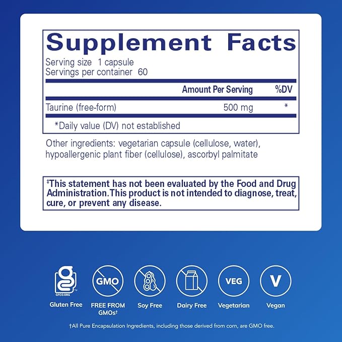 Pure Encapsulations Taurine 500 mg | Amino Acid Supplement for Liver, Eye Health, Antioxidants, Heart, Brain, and Muscles* | 60 Capsules