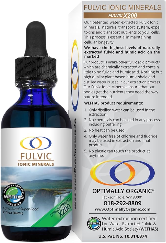 Optimally Organic Water Extracted Fulvic Ionic Minerals X200 - Patented BioActive Fulvic Acid, Humic Acid, Trace Minerals, Electrolytes & Essential Amino Acids - 5+ Month Supply