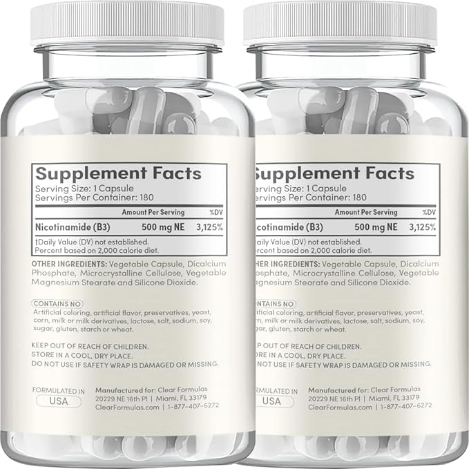 Vitamin B3 Nicotinamide 500mg - High Absorption Form of Vitamin B3 Niacin Flush Free for Hear Skin Brain and Energy Support - NAD Precursor - Made in a cGMP American Facility (360 Servings)