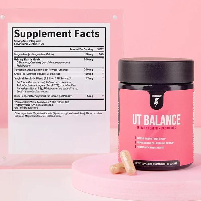 Inno UT Balance - Women's Probiotics with Cranberry, Magnesium, Green Tea, & Turmeric - Vaginal Health Probiotics for pH Balance, Urinary Tract Health and Freshness Support for Women (60 Capsules)