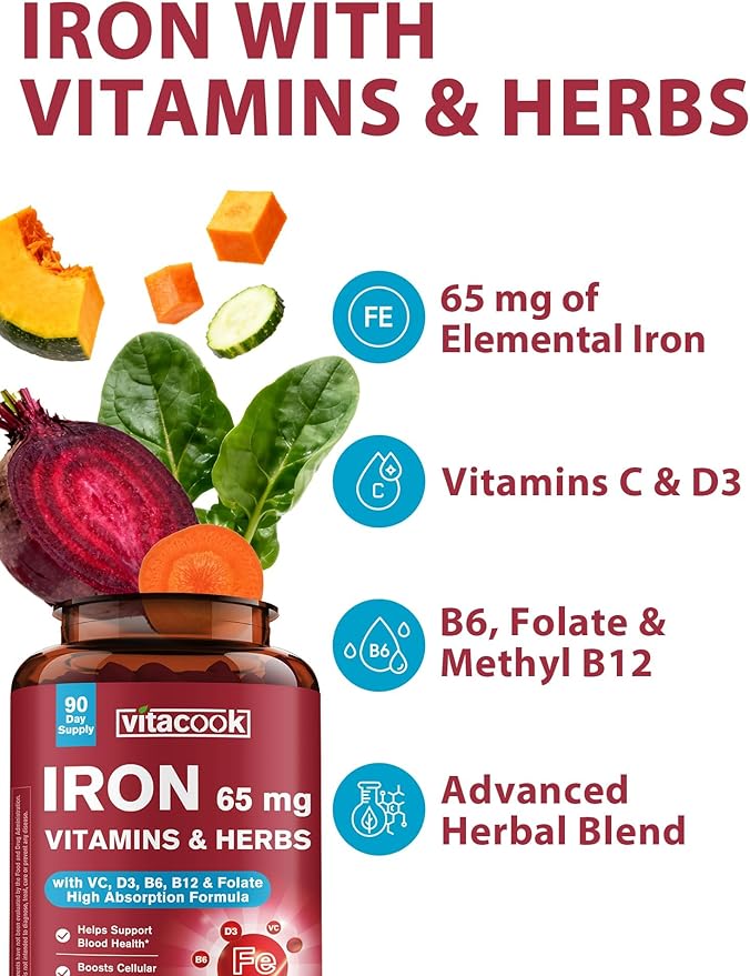 Iron Supplement 65mg, with Vitamin C, D3, B6, B12 & Folate, Spinach, Broccoli, Beet Root, Pumpkin Seeds, Dandelion & Carrots, Blood Building & Energy Support, 90 Tablets