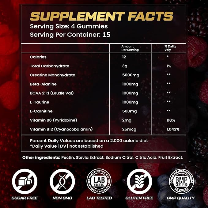 Creatine Monohydrate Gummies for Men & Women, Creatine Gummies Sugar Free, Mixed Flavored with L-Taurine, BCAA 2:1, B12 B6 for Boost Strength, Focus & Endurance, Vegan, Non-GMO, 60pcs