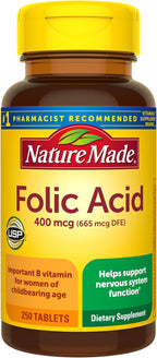Nature Made Folic Acid 400 mcg (665 mcg DFE) Dietary Supplement for Nervous System Function, Folic Acid Supplements for Women and Men, 250 Tablets, 250 Day Supply