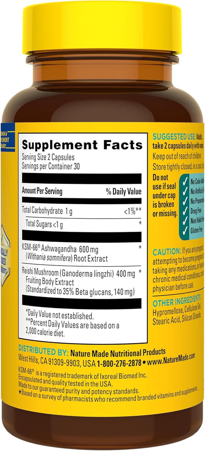 Nature Made Ashwagandha KSM 66 + Reishi Mushroom Capsules, Stress Relief Blend Ashwagandha and Mushroom Supplement, 60 Capsules, 30 Day Supply