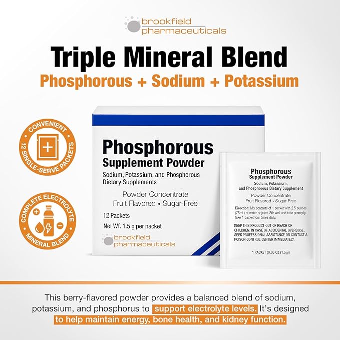 Phosphorus Supplements 12 Packets, Dietary Supplements Powder with Sodium Phosphate and Potassium Phosphate, Fruit Flavored Phosphorous Supplement Powder for Electrolyte, Bone Health & Kidney Health