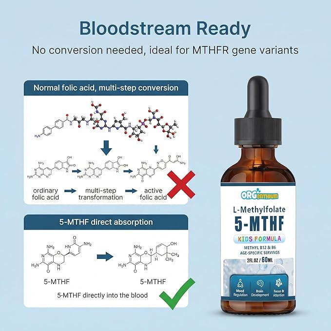 Kids L-Methylfolate B12 Drops 5-MTHF, Active Methylated B9 & B12 Supplement for Children, Supports Cognitive Brain Focus, Mood & Energy - Bioavailable Liquid Formula - Natural Flavor