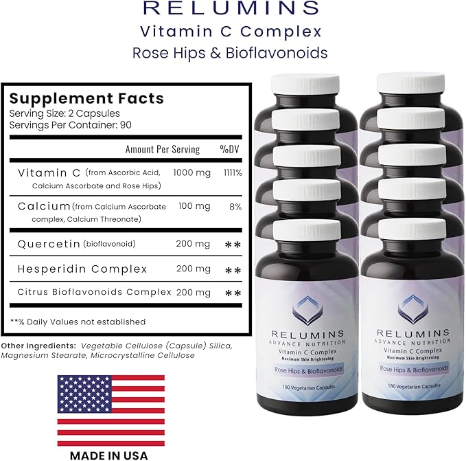 Relumins Advanced Vitamin C Supplement with Rose HIPS - 1000mg of Vitamin C Immune Support & Collagen Production, Made in USA, Ultimate Wellness Gift for Mom, 180 Capsules x 10 Bottles