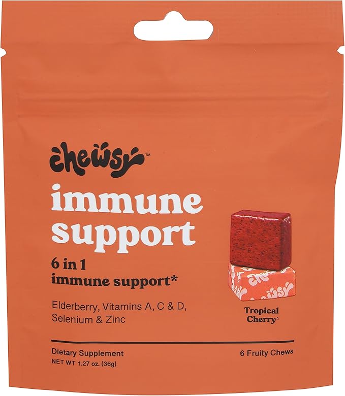 Chewsy - 6-in-1 Immune Support Fruity Chews with Elderberry - Vitamin C, A and D, Zinc and Selenium - Individually Wrapped - 6-Day Supply