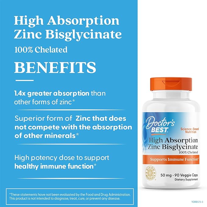 Doctor's Best High Absorption Zinc Bisglycinate 50mg High Potency Supporting Enhancing Immune System Antioxidant VC, 90 Count