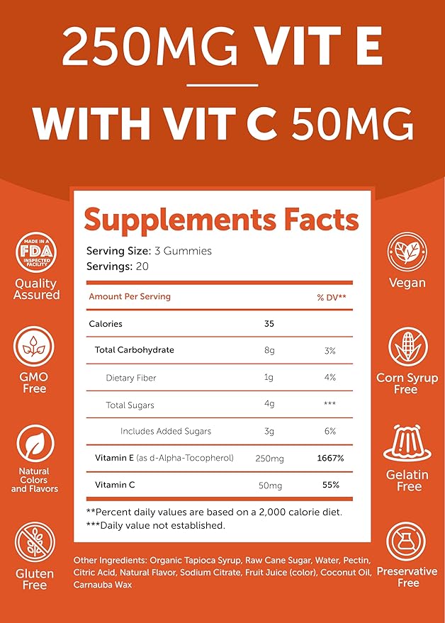 Lunakai USA Made Vitamin E Gummies 400IU with Vitamin C - Delicious, Vegan, Non-GMO Supplement for Daily Skin & Eye Support - 3 Pack