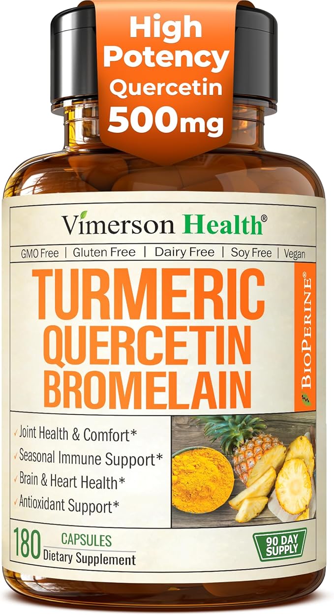 Quercetin with Bromelain Turmeric Curcumin Supplement – Allergy Relief, Immune & Joint Support – Organic Turmeric Supplement w/Bioperine for Enhanced Absorption, 180 Quercetin 500mg Capsules