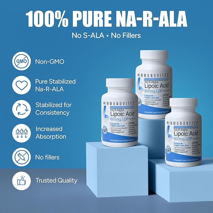 IMMUNOVITES 3-Pack Stabilized R-Alpha Lipoic Acid ((True)) 600mg per Serving [[High Potency & up to 40x Increased Absorption]] (Na R-ALA) (Na R-LA) (Na R-Lipoate) (3 Bottles)