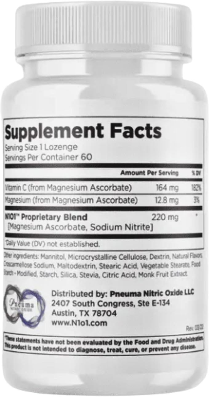 N1O1 Nitric Oxide Lozenges for Heart Health Support - Dietary Supplement for Blood Flow, Oxygenation and Blood Pressure - 180 Count