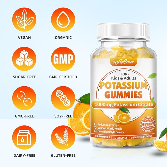 softbear Potassium Citrate 1000mg, Sugar Free Potassium Gummies for Adults Support Leg Cramps & Muscle Health High Potency Potassium Supplement Gummies Orange Flavor 60 Count