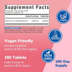 Vitalibre Vitamin B12 Sublingual 5000 mcg, Methylcobalamin, Bioactive Form, High Absorption, Vegan, Nerve, Energy, Immune, Mood Support, Natural Peach Flavor, 180 Fast Dissolve Mini Tablets, No Sugar