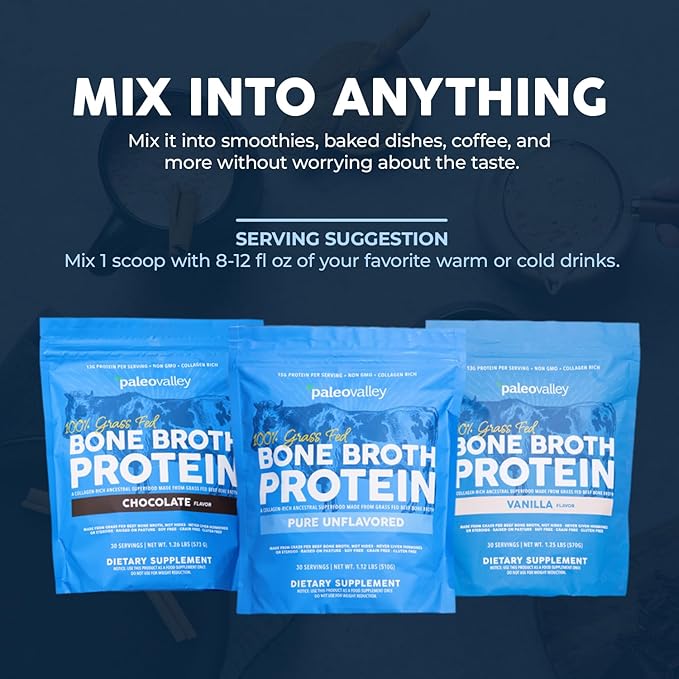 Paleovalley 100% Grass Fed Beef Bone Broth Protein Powder - Rich in Collagen Peptides for Hair, Skin, Gut Health, Bone and Joint Support - 15g Protein Per Serving - No Gluten or GMOs