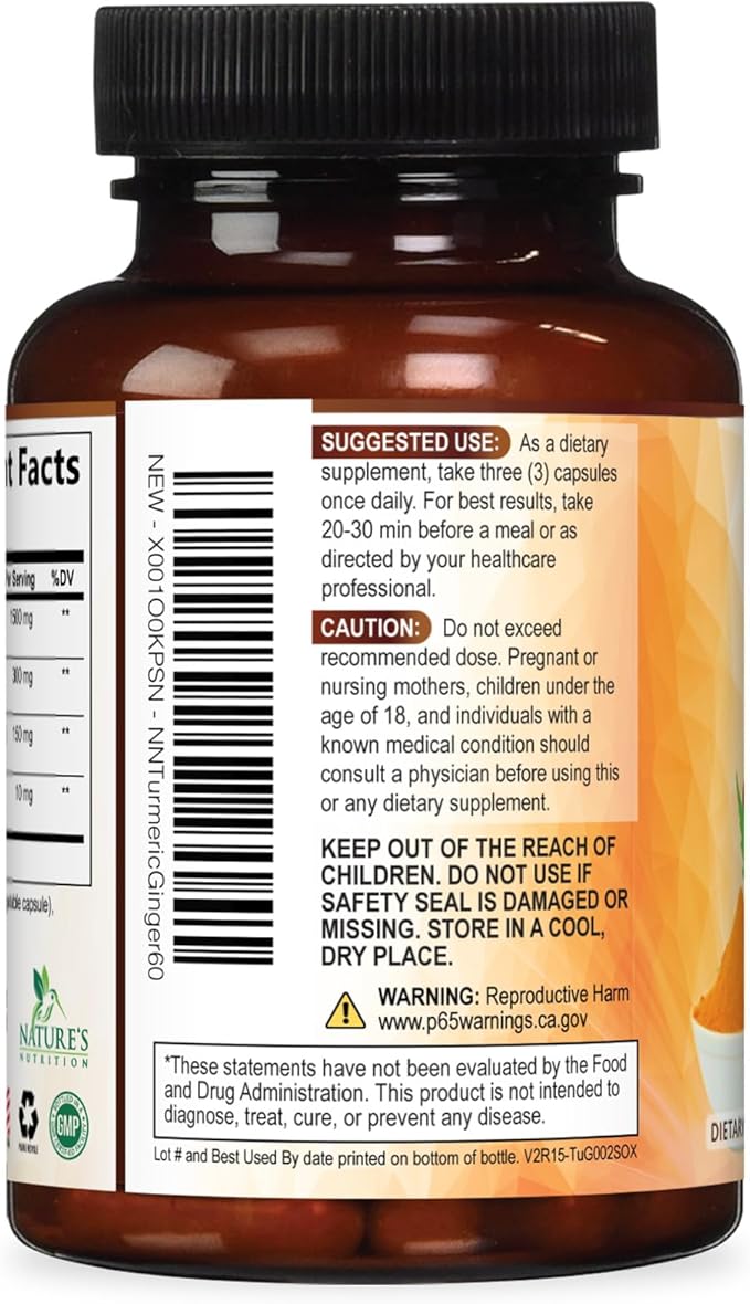 Turmeric Curcumin Supplement - 95% Curcuminoids with Organic Turmeric & Ginger, BioPerine Black Pepper Extract for Best Absorption, Natural Vegan Joint Support, Non-GMO, Bottled in USA - 60 Capsules
