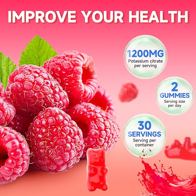 2 Pack Potassium Citrate Gummies, High Potassium Supplement 1200mg Support Leg Cramps & Muscle Health, Potassium Gummies for Adults & Kids, Vegan, Raspberry Flavor 120 Count