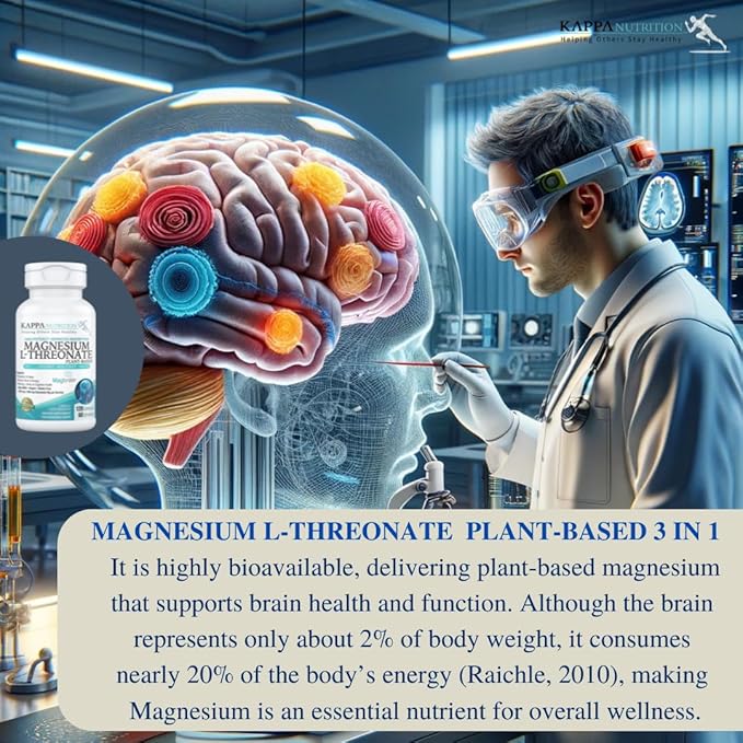Kappa Nutrition Powered by Magbrain™ Magnesium L-Threonate Plant-Based, 420mg Elemental Magnesium (3 Capsules) from 2,253mg, 120 Vegan Capsules, Brain, Sleep & Muscle Support.