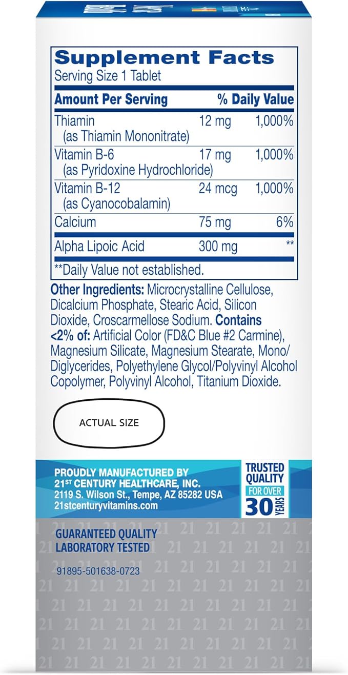 21st Century Nerve Health Tablets (30 Count), Alpha Lipoic Acid 300mg, B1, B6, & B12 Vitamins for Nerve Function Support, Antioxidant ALA Supplement, Gluten Free. Non-GMO, & Vegan